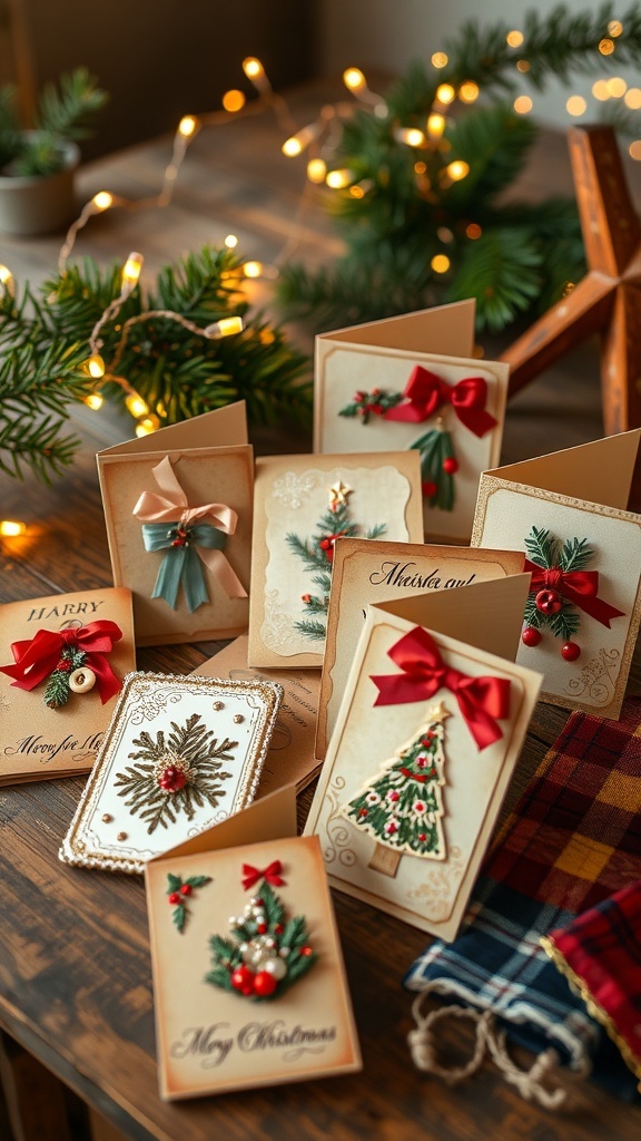 A variety of vintage handmade Christmas cards with festive designs on a rustic table, surrounded by pine branches and lights.